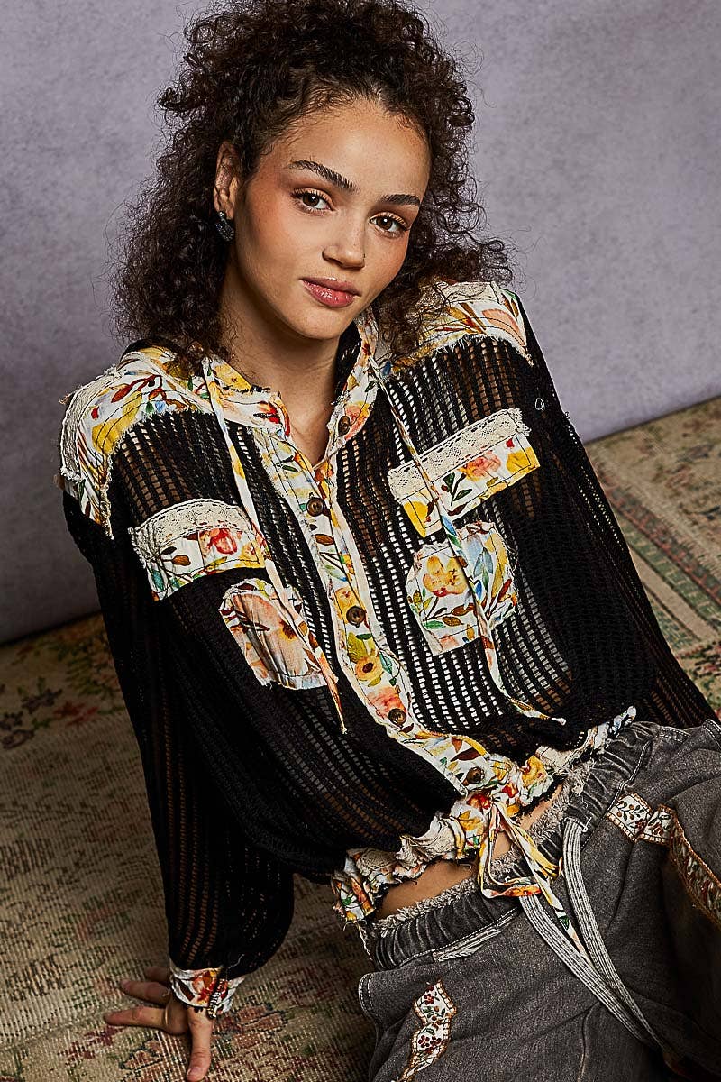 Vintage washed Black Floral Print Patch Crochet Jacket-Jackets-Pol Clothing-Stuffology - Where Vintage Meets Modern, A Boutique for Real Women in Crosbyton, TX