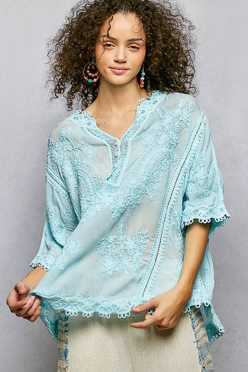 POL Clothing V-neck Short Sleeve Floral Embroidered Crochet Blouse Top-Crochet Top-Pol Clothing-Stuffology - Where Vintage Meets Modern, A Boutique for Real Women in Crosbyton, TX