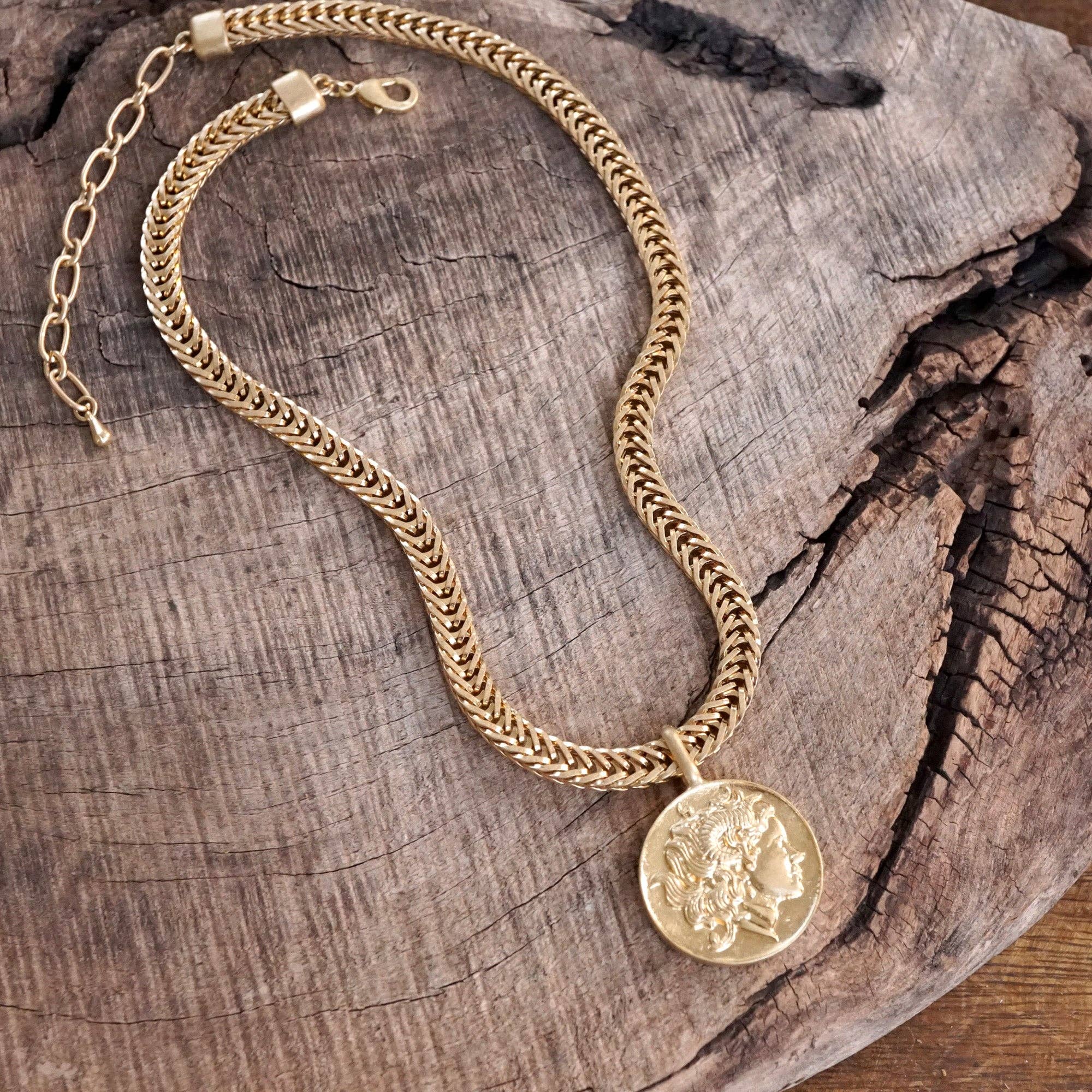 Coin Statement Chain Necklace in Worn Gold Tone-Necklaces-PennyLine inc-Stuffology - Where Vintage Meets Modern, A Boutique for Real Women in Crosbyton, TX