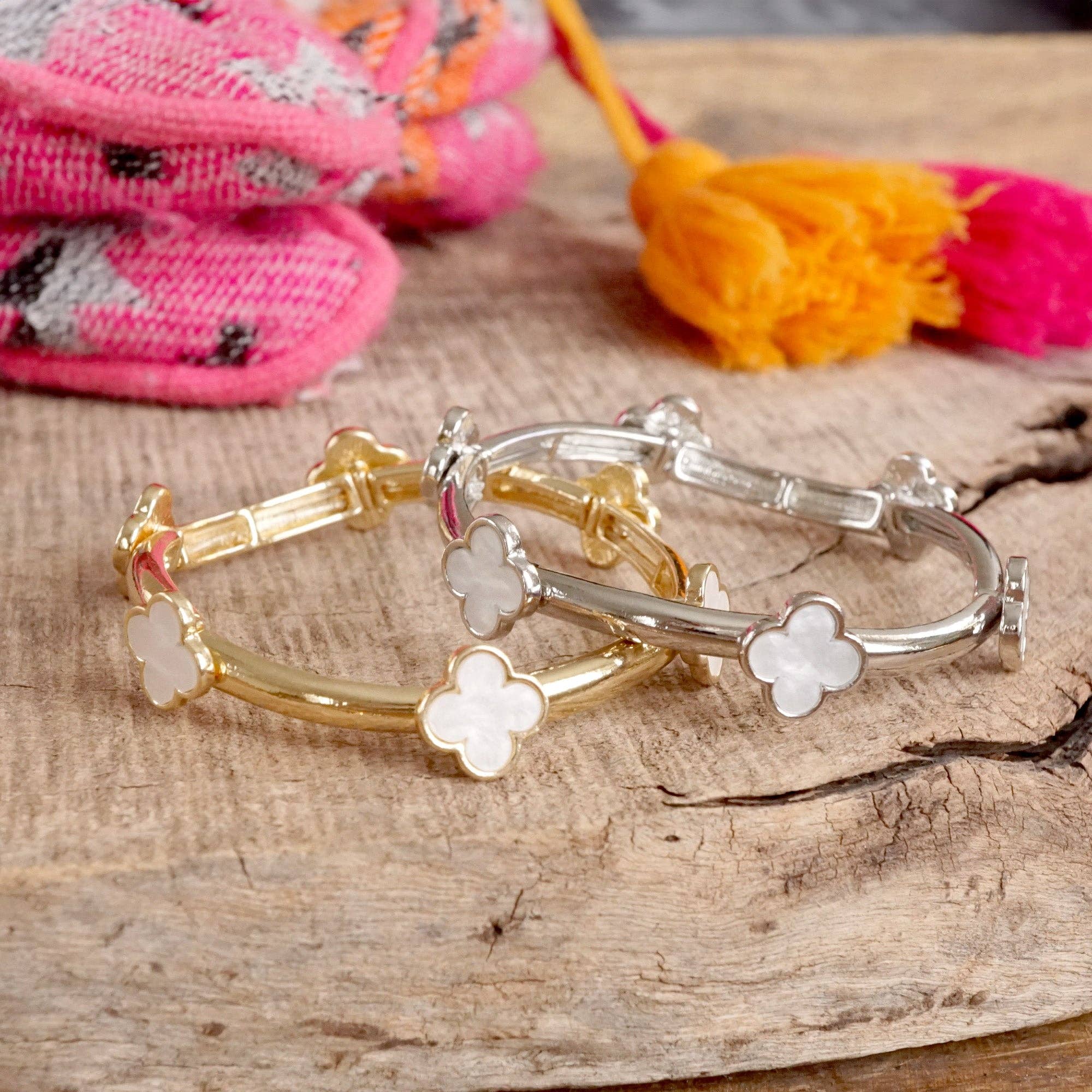 Clover Stretchy Bangle Bracelet – Mother of Pearl in Gold or Silver Tone-PennyLine inc-Stuffology - Where Vintage Meets Modern, A Boutique for Real Women in Crosbyton, TX