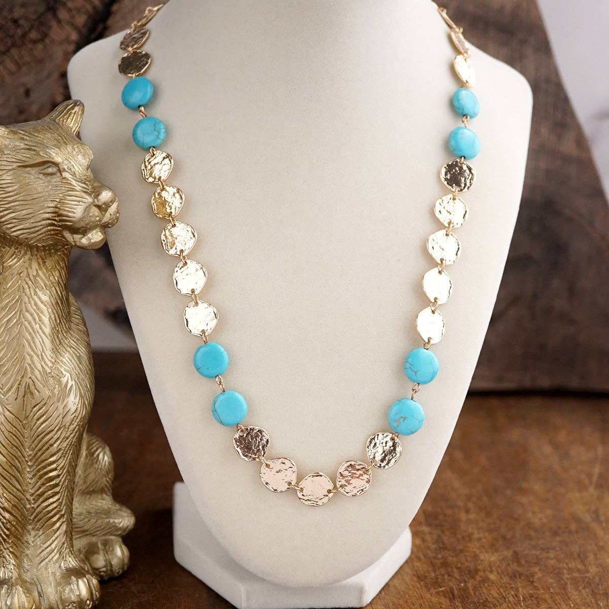 Desert Rhythm – Turquoise Color Stone & Textured Coin Necklace-Necklaces-PennyLine inc-Stuffology - Where Vintage Meets Modern, A Boutique for Real Women in Crosbyton, TX