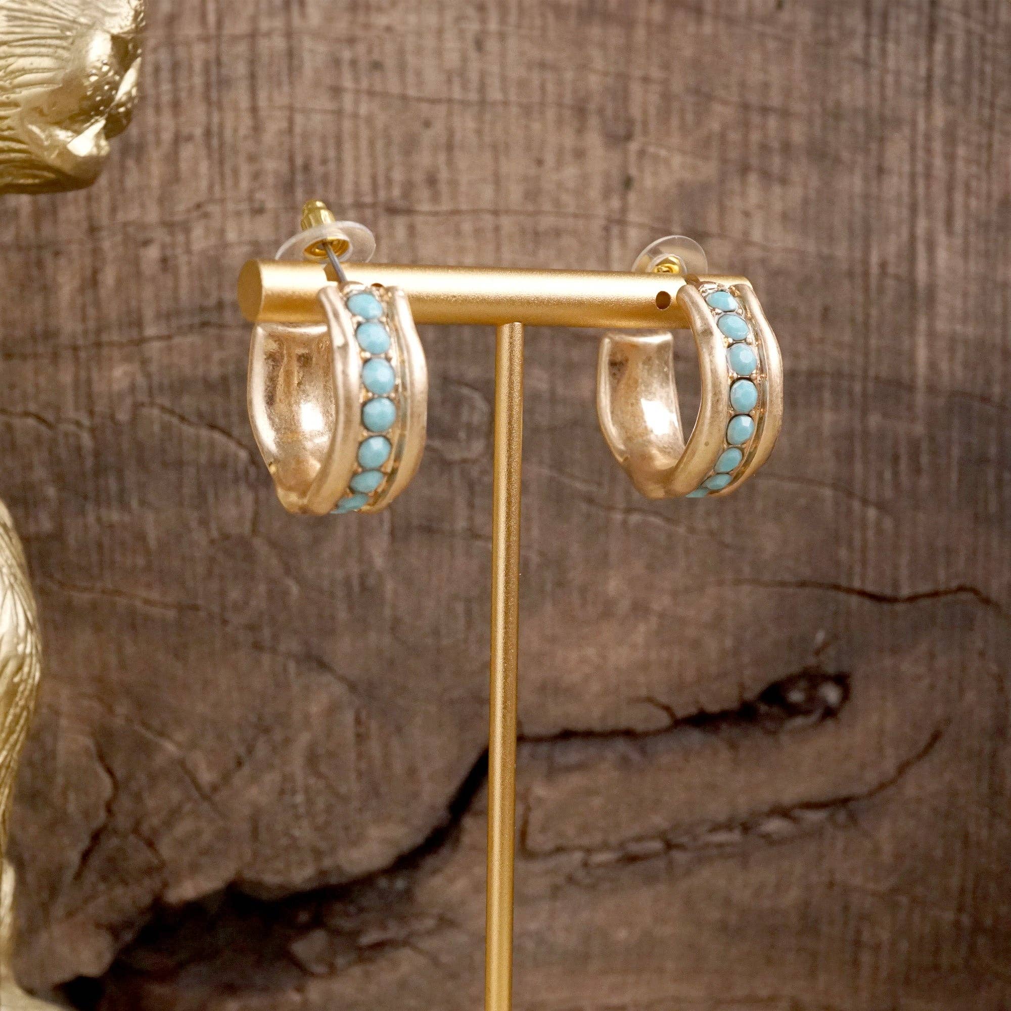 Minimalist Hoops with Faux Pearls or Turquoise – Brushed Gold-Earrings-PennyLine inc-Stuffology - Where Vintage Meets Modern, A Boutique for Real Women in Crosbyton, TX