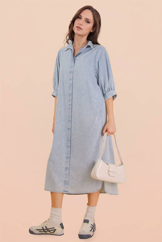 Washed Denim Casual Midi Dress-Dresses-VERY J-Stuffology - Where Vintage Meets Modern, A Boutique for Real Women in Crosbyton, TX