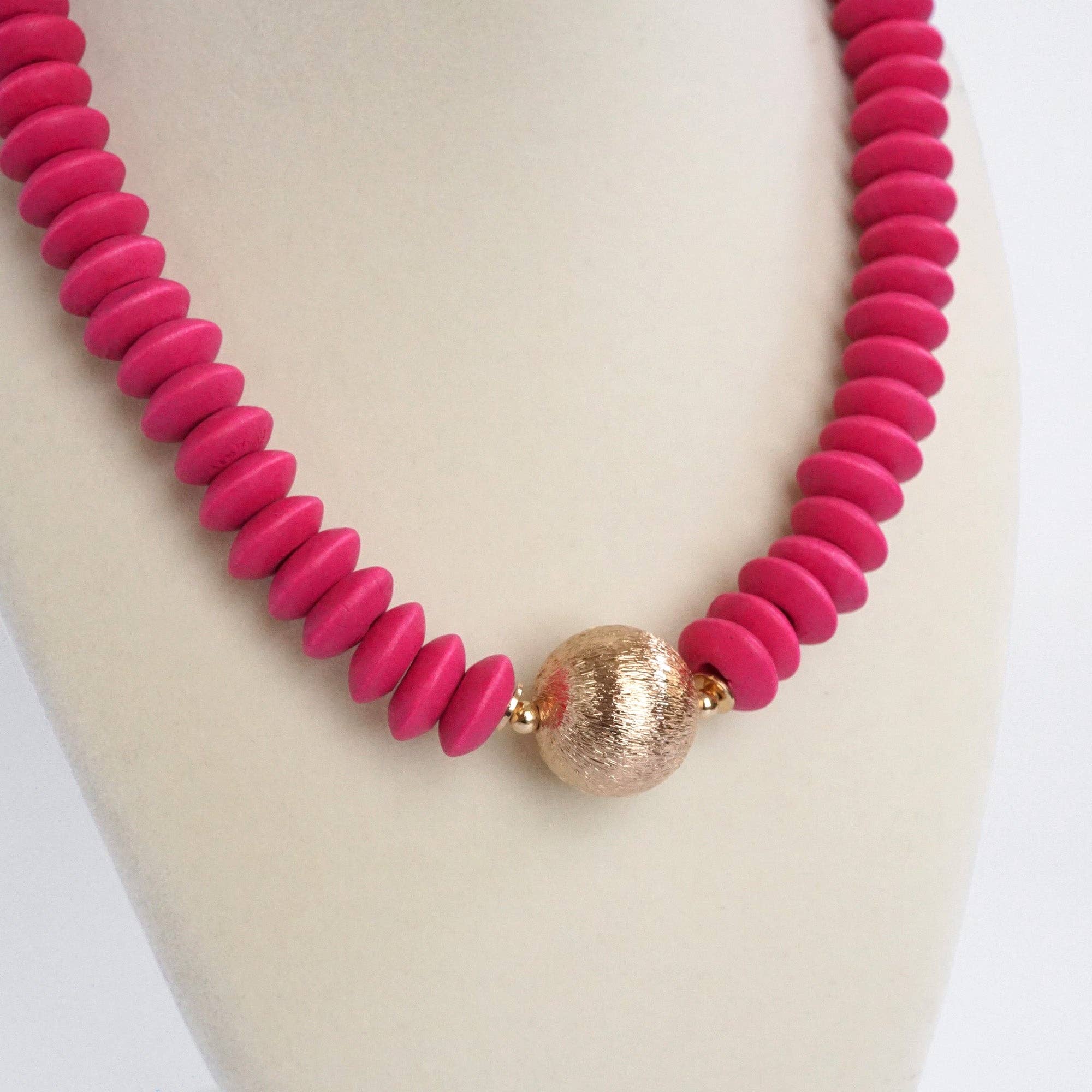 Wood Saucer Beads Short Statement Necklace Gold center Hot Pink Beige Turquoise-Necklaces-PennyLine inc-Stuffology - Where Vintage Meets Modern, A Boutique for Real Women in Crosbyton, TX