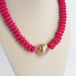 Wood Saucer Beads Short Statement Necklace Gold center Hot Pink Beige Turquoise-Necklaces-PennyLine inc-Stuffology - Where Vintage Meets Modern, A Boutique for Real Women in Crosbyton, TX