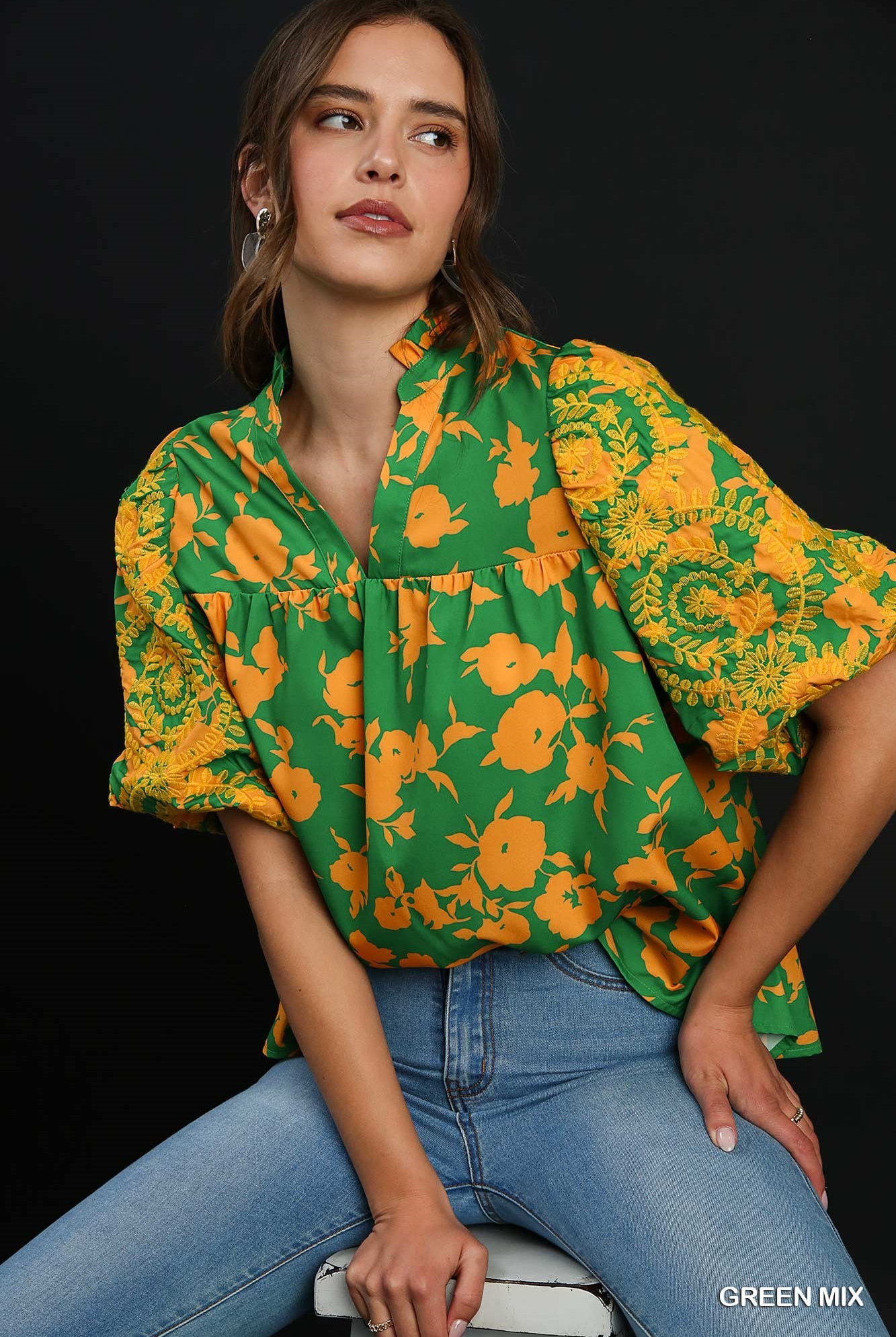 Green Two Tone Split Neck Boxy Cut Top with Ruffle Split Neck Short Embroidery Puff Sleeves / Stuffology Boutique-Top-Umgee-Stuffology - Where Vintage Meets Modern, A Boutique for Real Women in Crosbyton, TX