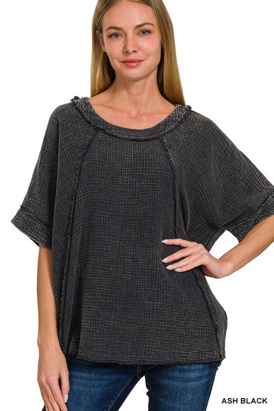 Washed Double Gauze Raglan Sleeve Top | Stuffology Boutique-Short Sleeves-Zenana-Stuffology - Where Vintage Meets Modern, A Boutique for Real Women in Crosbyton, TX