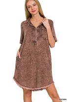 BROWN WASHED LINEN RAW EDGE BUTTON DOWN V-NECK DRESS / STUFFOLOGY BOUTIQUE-Dresses-Zenana-Stuffology - Where Vintage Meets Modern, A Boutique for Real Women in Crosbyton, TX