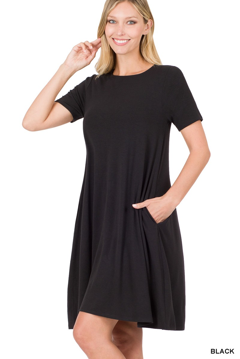 BLACK SHORT SLEEVE FLARED DRESS WITH SIDE POCKETS / STUFFOLOGY BOUTIQUE-Dresses-Zenana-Stuffology - Where Vintage Meets Modern, A Boutique for Real Women in Crosbyton, TX