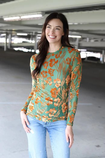 Velvet Burnout Mesh Top /Stuffology Boutique-MESH TOP-Turquoise Haven-Stuffology - Where Vintage Meets Modern, A Boutique for Real Women in Crosbyton, TX