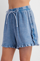 DENIM BLUE COLOR MINERAL WASHED COTTON GAUZE SHORT PANTS-Shorts-EASEL-Stuffology - Where Vintage Meets Modern, A Boutique for Real Women in Crosbyton, TX