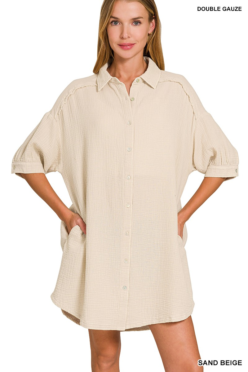 WASHED DOUBLE GAUZE BUTTON DOWN SHIRT DRESS-Dresses-ZENANA-Stuffology - Where Vintage Meets Modern, A Boutique for Real Women in Crosbyton, TX