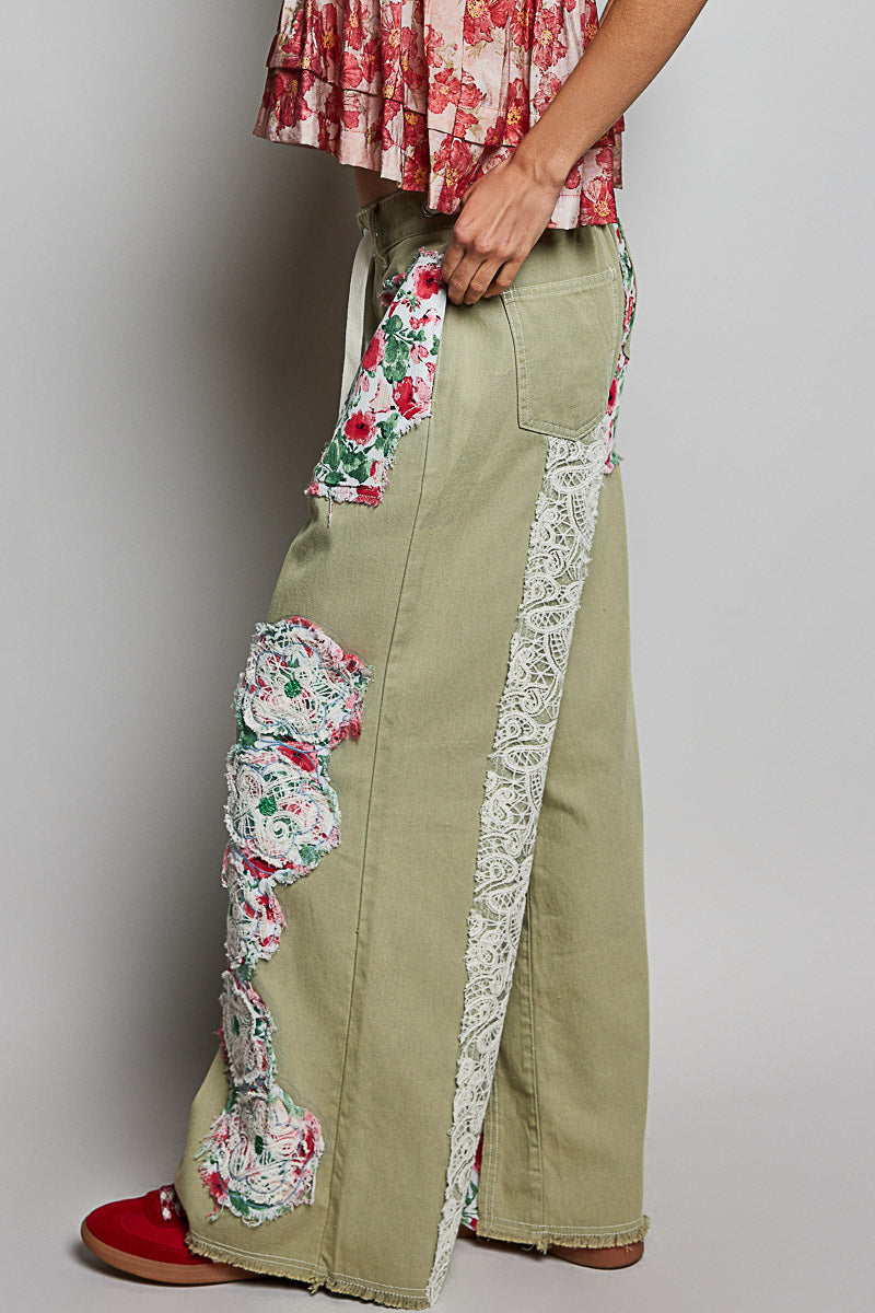 Drawstring Floral Patch Denim Pants Deep Sage-Pants-POL Clothing-Stuffology - Where Vintage Meets Modern, A Boutique for Real Women in Crosbyton, TX