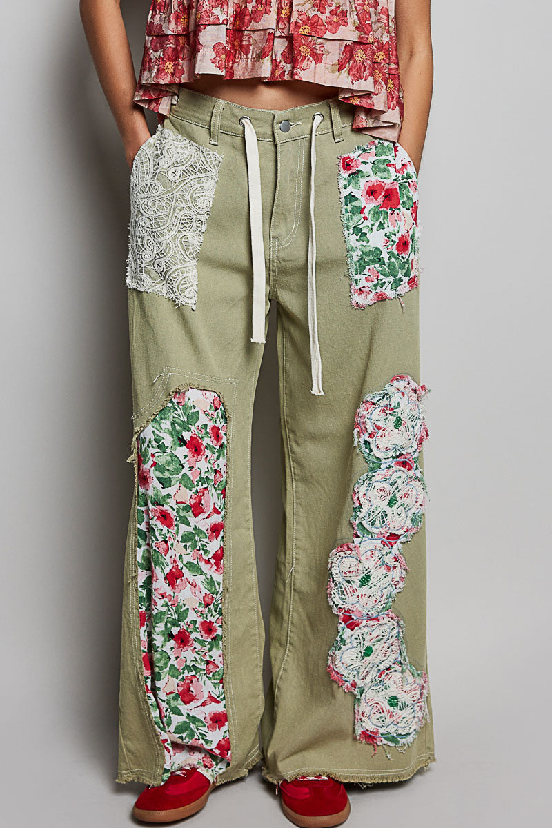 Drawstring Floral Patch Denim Pants Deep Sage-Pants-POL Clothing-Stuffology - Where Vintage Meets Modern, A Boutique for Real Women in Crosbyton, TX