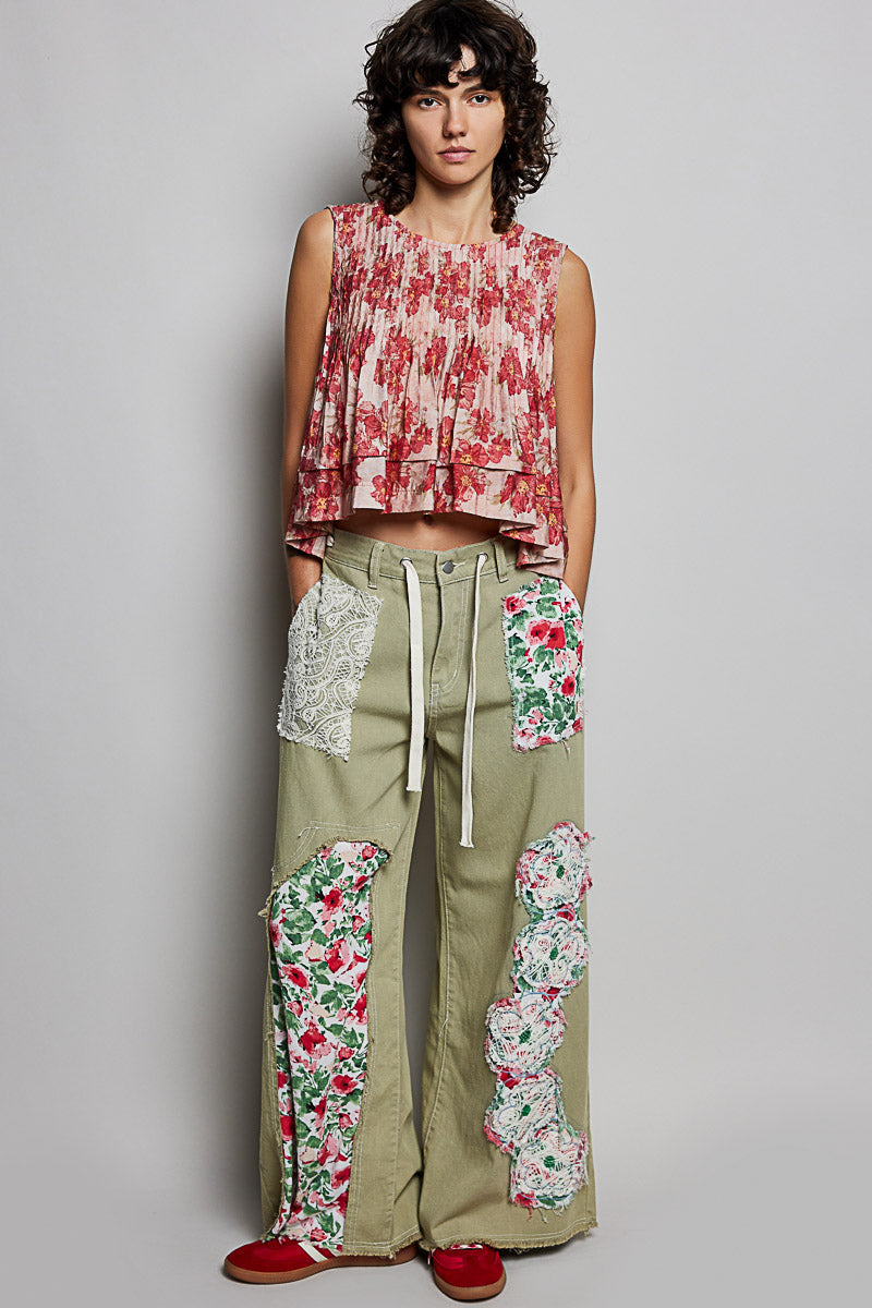 Drawstring Floral Patch Denim Pants Deep Sage-Pants-POL Clothing-Stuffology - Where Vintage Meets Modern, A Boutique for Real Women in Crosbyton, TX