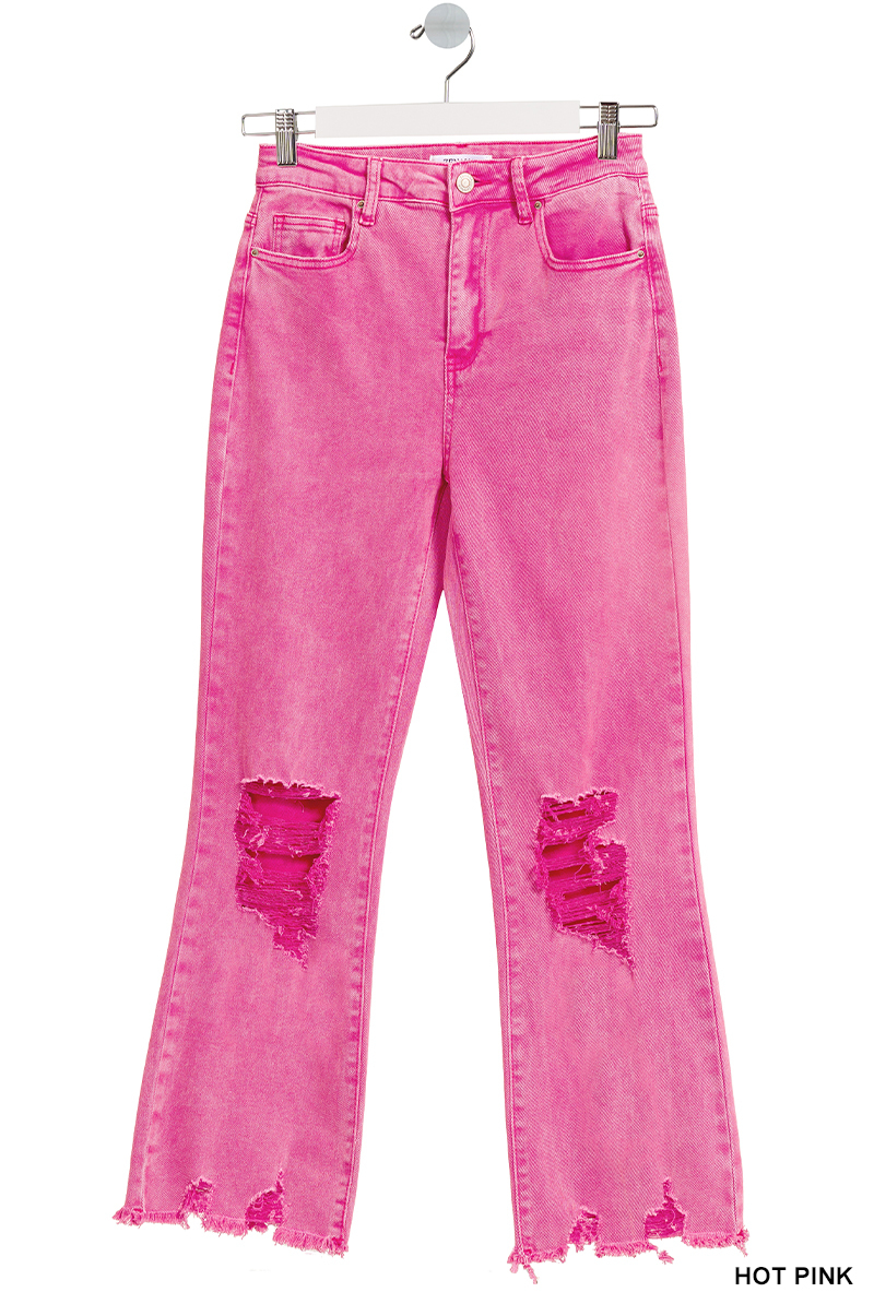 HOT PINK ACID WASHED HIGH WAIST DISTRESSED STRAIGHT LEG jeans | Stuffology Boutique-Pants-Zenana-Stuffology - Where Vintage Meets Modern, A Boutique for Real Women in Crosbyton, TX