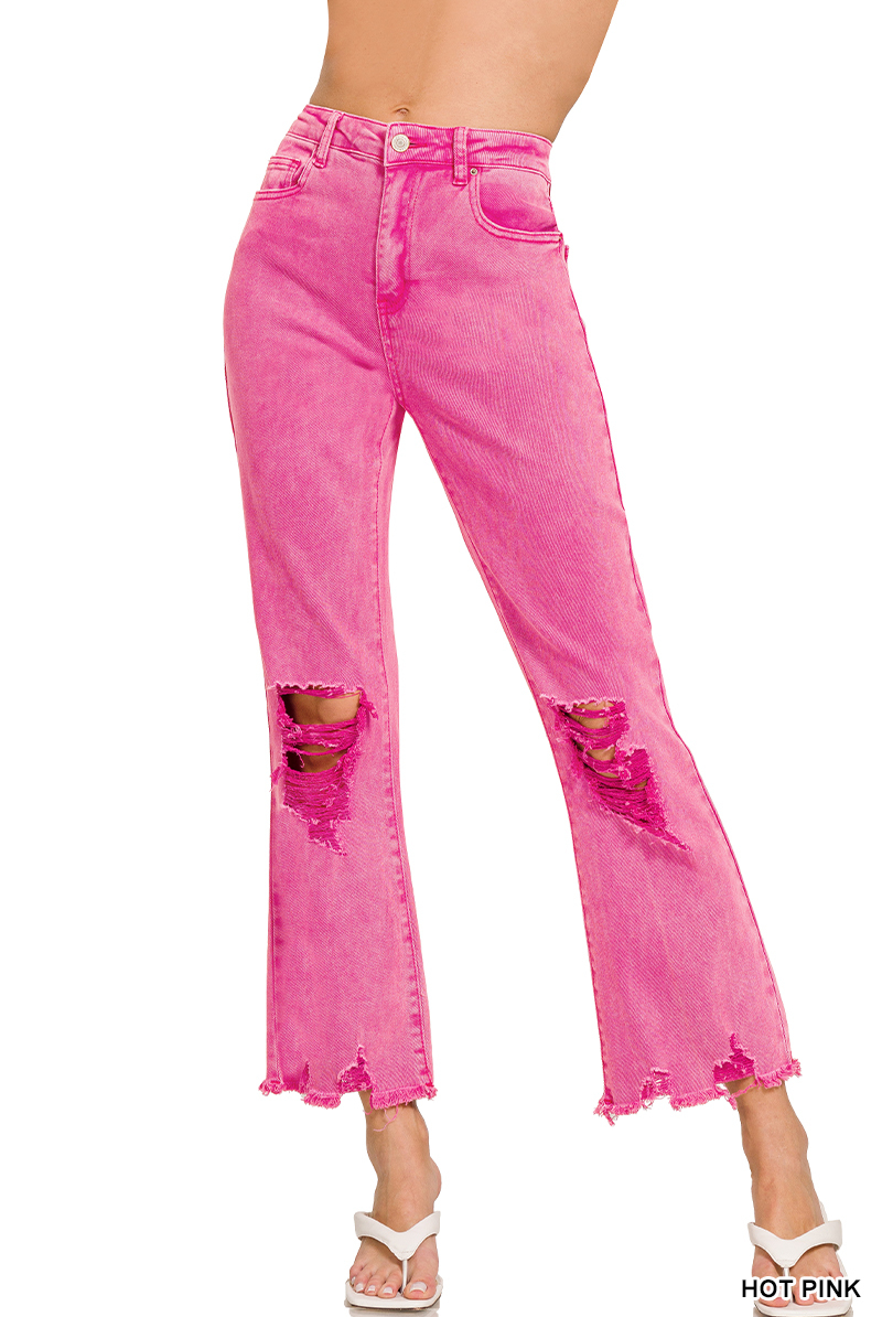 HOT PINK ACID WASHED HIGH WAIST DISTRESSED STRAIGHT LEG jeans | Stuffology Boutique-Pants-Zenana-Stuffology - Where Vintage Meets Modern, A Boutique for Real Women in Crosbyton, TX