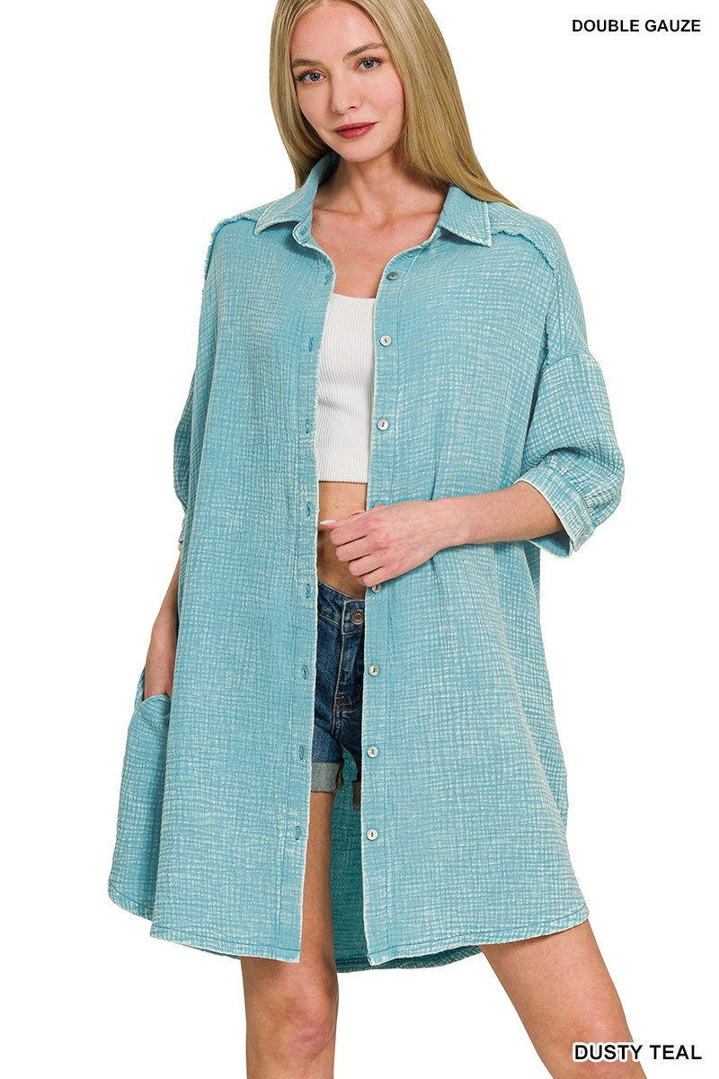 WASHED DOUBLE GAUZE BUTTON DOWN SHIRT DRESS-Dresses-ZENANA-Stuffology - Where Vintage Meets Modern, A Boutique for Real Women in Crosbyton, TX