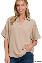 WOVEN AIRFLOW COLLARED V-NECK SHORT SLEEVE TOP | Stuffology Boutique-Short Sleeves-Zenana-Stuffology - Where Vintage Meets Modern, A Boutique for Real Women in Crosbyton, TX