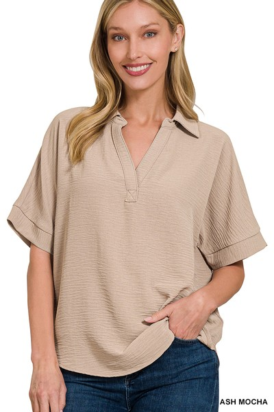 WOVEN AIRFLOW COLLARED V-NECK SHORT SLEEVE TOP | Stuffology Boutique-Short Sleeves-Zenana-Stuffology - Where Vintage Meets Modern, A Boutique for Real Women in Crosbyton, TX