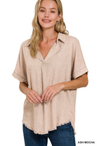 WASHED LINEN RAW EDGE V-NECK TOP / STUFFOLOGY BOUTIQUE-Top-Zenana-Stuffology - Where Vintage Meets Modern, A Boutique for Real Women in Crosbyton, TX