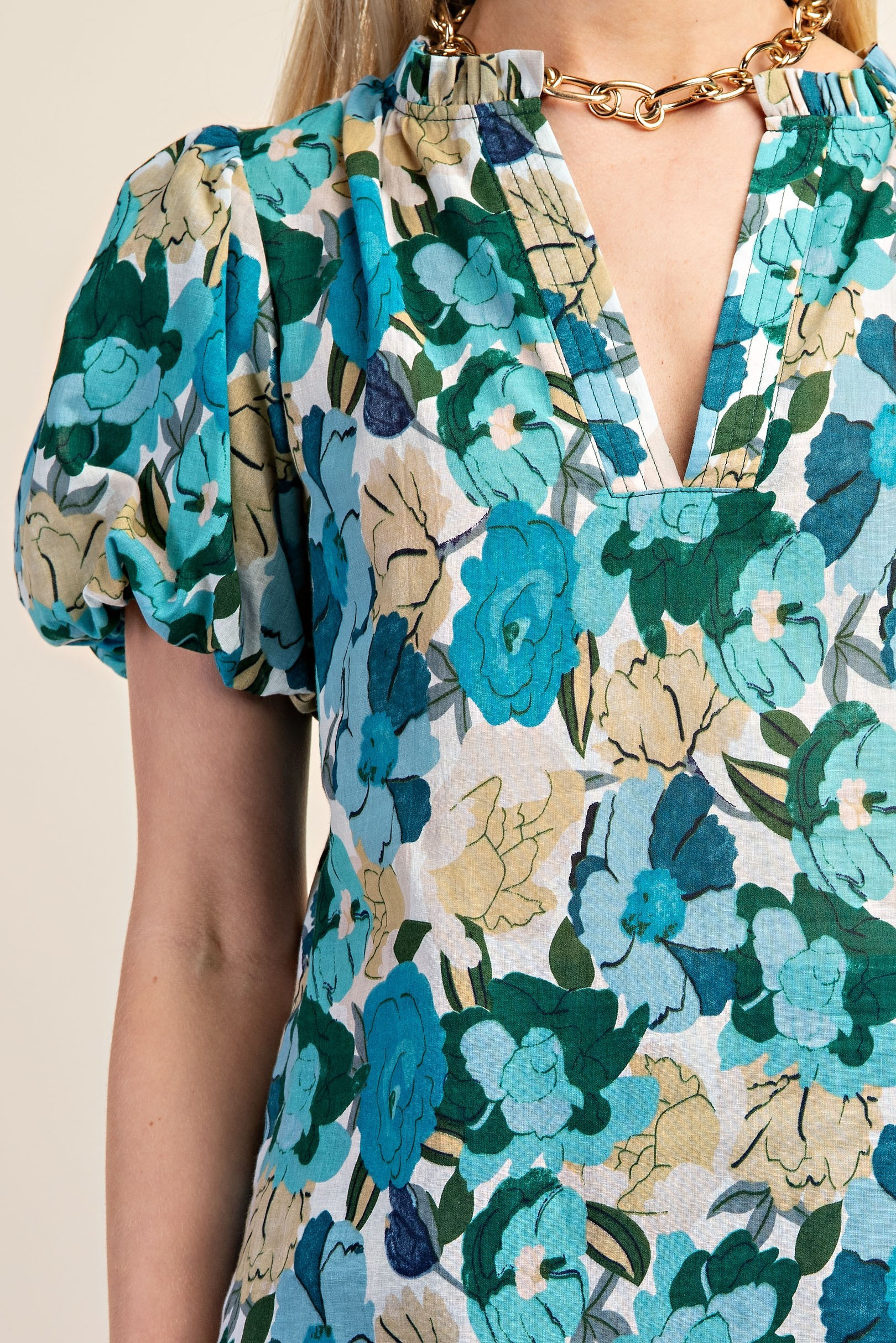 Turquoise & Blue Floral Print Split Neckline Top /Stuffology Boutique-TOP-Gigio-Stuffology - Where Vintage Meets Modern, A Boutique for Real Women in Crosbyton, TX