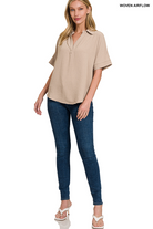 WOVEN AIRFLOW COLLARED V-NECK SHORT SLEEVE TOP | Stuffology Boutique-Short Sleeves-Zenana-Stuffology - Where Vintage Meets Modern, A Boutique for Real Women in Crosbyton, TX
