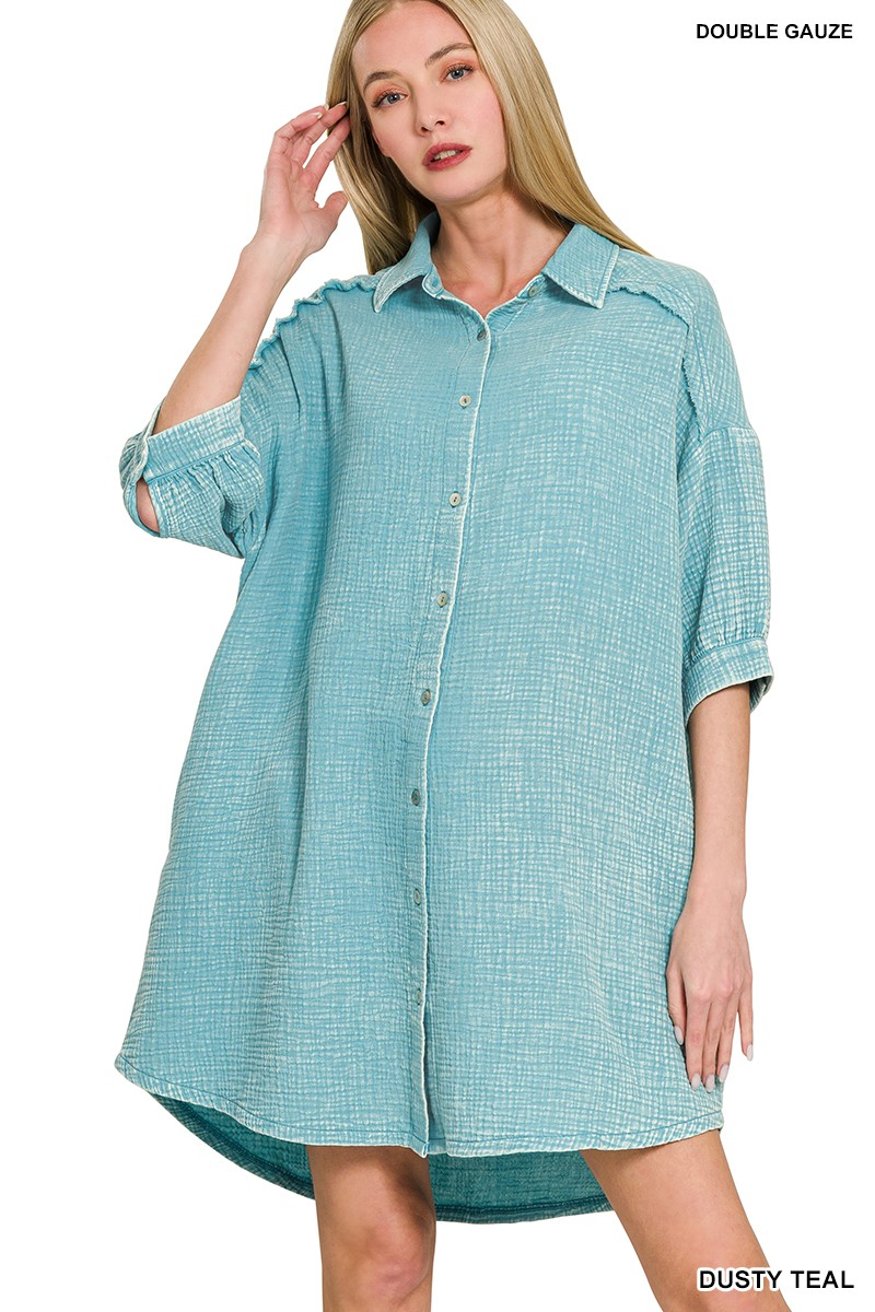 WASHED DOUBLE GAUZE BUTTON DOWN SHIRT DRESS-Dresses-ZENANA-Stuffology - Where Vintage Meets Modern, A Boutique for Real Women in Crosbyton, TX