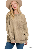 FRENCH TERRY ACID WASH RAW EDGE FRONT POCKET PULLOVER TOP WITH POCKET /STUFFOLOGY BOUTIQUE-Pullover Top-Stuffology Boutique-Stuffology - Where Vintage Meets Modern, A Boutique for Real Women in Crosbyton, TX