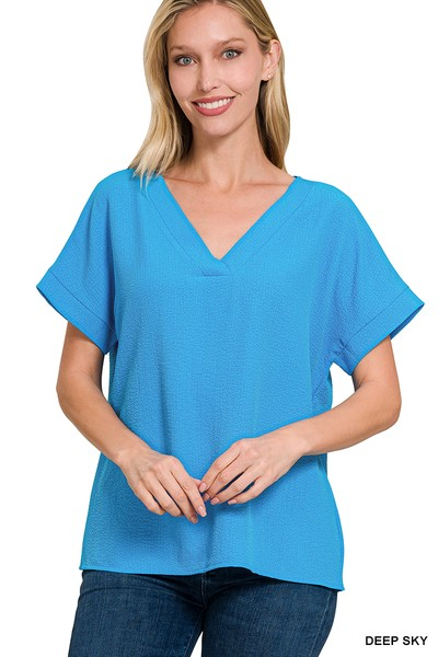 WOVEN AIRFLOW V-NECK SHORT SLEEVE TOP /STUFFOLOGY BOUTIQUE-Top-Zenana-Stuffology - Where Vintage Meets Modern, A Boutique for Real Women in Crosbyton, TX