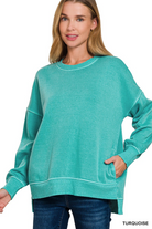 PIGMENT DYE FLEECE HI-LOW HEM PULLOVER WITH POCKET-SWEATSHIRT-Stuffology Boutique-Stuffology - Where Vintage Meets Modern, A Boutique for Real Women in Crosbyton, TX