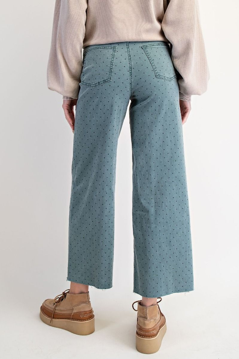 TEAL POLKADOT PRINTED WASHED TWILL STRETCH PANTS-Jeans-EASEL-Stuffology - Where Vintage Meets Modern, A Boutique for Real Women in Crosbyton, TX