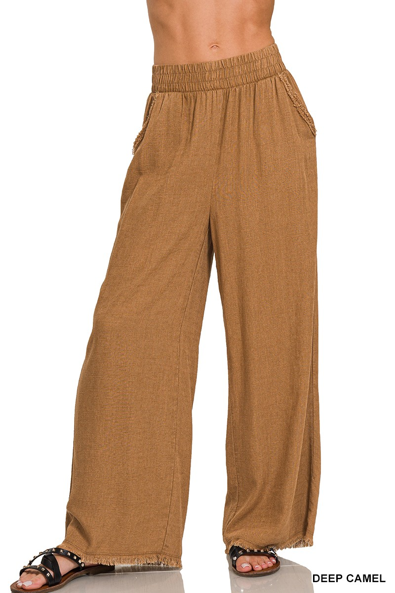 DEEP CAMEL WASHED LINEN FRAYED HEM ELASTIC BAND WAIST PANTS /STUFFOLOGY BOUTIQUE-Pants-Zenana-Stuffology - Where Vintage Meets Modern, A Boutique for Real Women in Crosbyton, TX