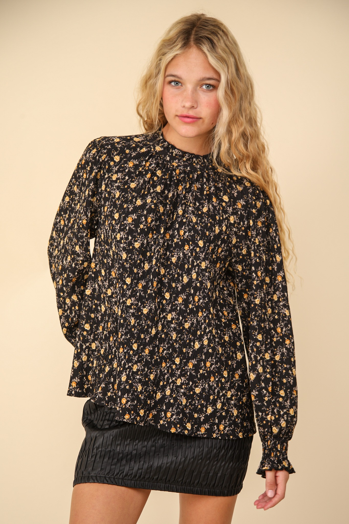 Black Ruffle High Neck Floral Printed Woven Blouse Top /Stuffology Boutique-TOP-VERY J-Stuffology - Where Vintage Meets Modern, A Boutique for Real Women in Crosbyton, TX