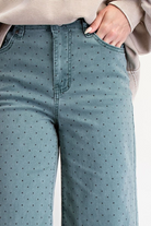 TEAL POLKADOT PRINTED WASHED TWILL STRETCH PANTS-Jeans-EASEL-Stuffology - Where Vintage Meets Modern, A Boutique for Real Women in Crosbyton, TX