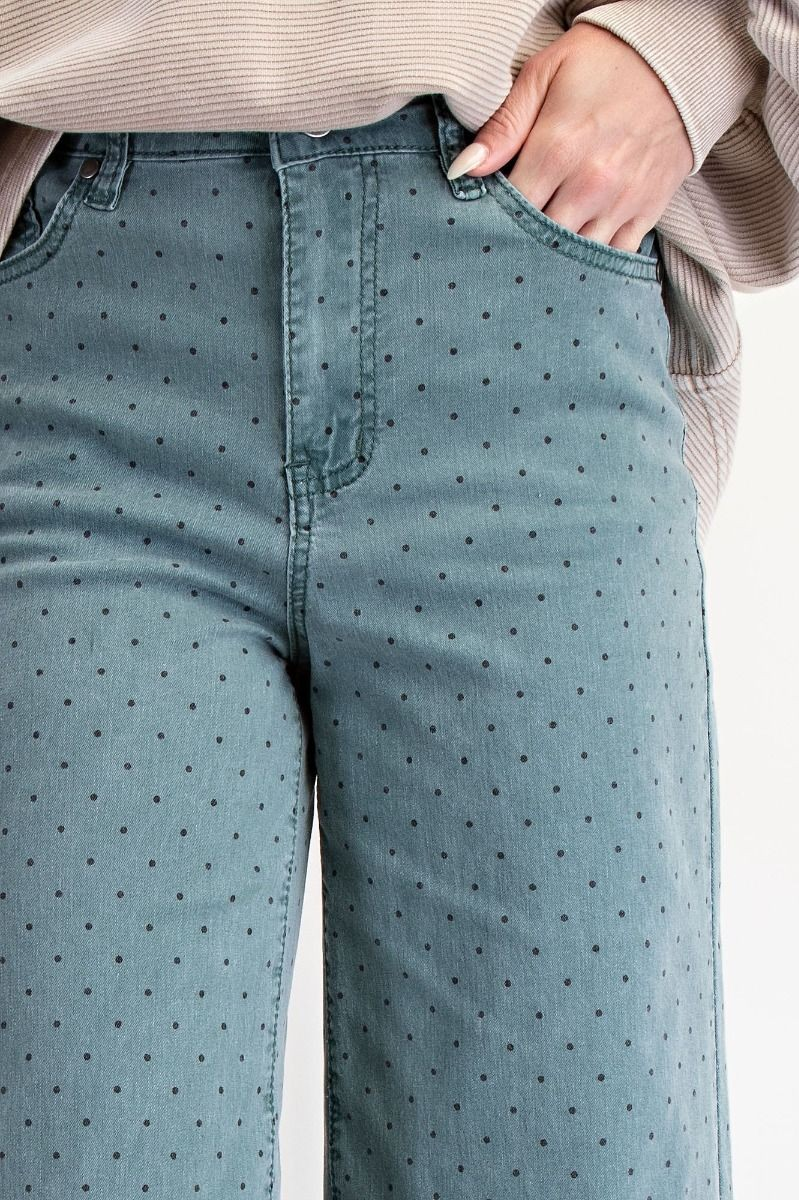 TEAL POLKADOT PRINTED WASHED TWILL STRETCH PANTS-Jeans-EASEL-Stuffology - Where Vintage Meets Modern, A Boutique for Real Women in Crosbyton, TX