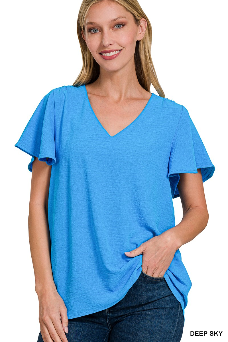 TURQUOISE WOVEN AIRFLOW FLUTTER SLEEVE TOP - STUFFOLOGY BOUTIQUE-Top-Zenana-Stuffology - Where Vintage Meets Modern, A Boutique for Real Women in Crosbyton, TX