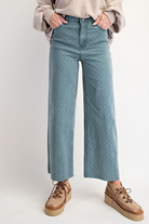 TEAL POLKADOT PRINTED WASHED TWILL STRETCH PANTS-Jeans-EASEL-Stuffology - Where Vintage Meets Modern, A Boutique for Real Women in Crosbyton, TX