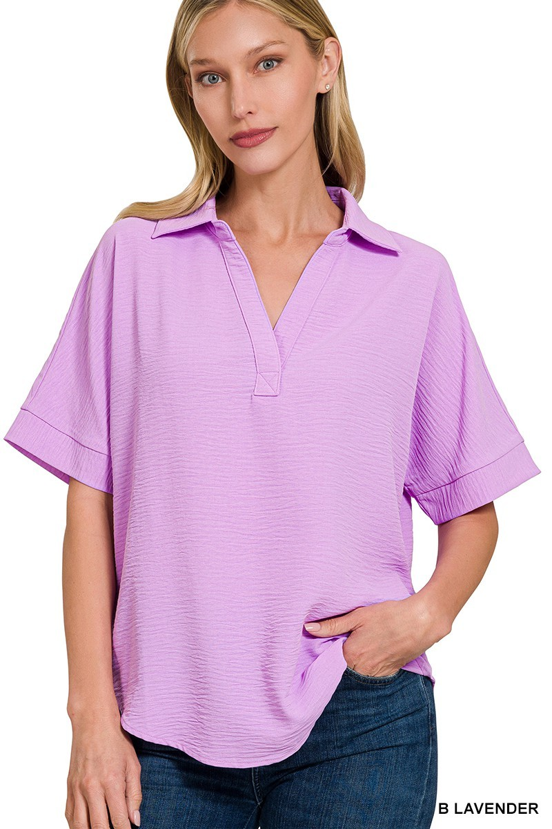 WOVEN AIRFLOW COLLARED V-NECK SHORT SLEEVE TOP | Stuffology Boutique-Short Sleeves-Zenana-Stuffology - Where Vintage Meets Modern, A Boutique for Real Women in Crosbyton, TX