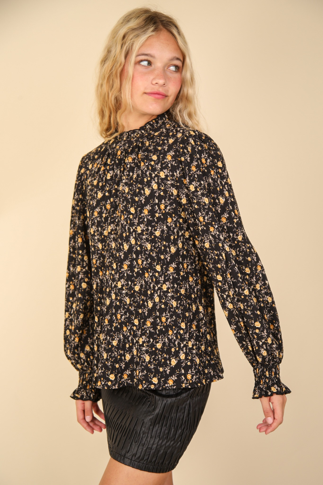 Black Ruffle High Neck Floral Printed Woven Blouse Top /Stuffology Boutique-TOP-VERY J-Stuffology - Where Vintage Meets Modern, A Boutique for Real Women in Crosbyton, TX