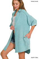 WASHED DOUBLE GAUZE BUTTON DOWN SHIRT DRESS-Dresses-ZENANA-Stuffology - Where Vintage Meets Modern, A Boutique for Real Women in Crosbyton, TX