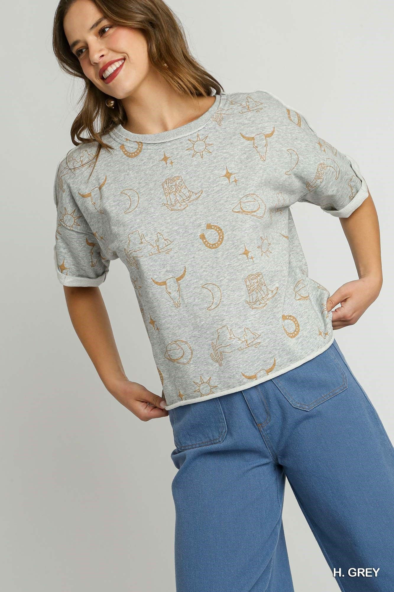 Round Neck French Terry Top with Graphics & Frayed Hem / Stuffology Boutique-TOP-Umgee-Stuffology - Where Vintage Meets Modern, A Boutique for Real Women in Crosbyton, TX