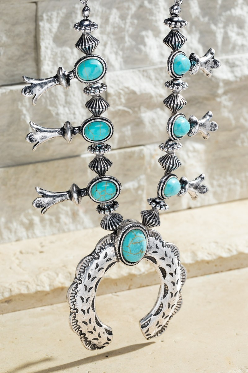 SILVER AND TURQUOISE SQUASH BLOSSOM NECKLACE-Necklaces-Urbanista-Stuffology - Where Vintage Meets Modern, A Boutique for Real Women in Crosbyton, TX