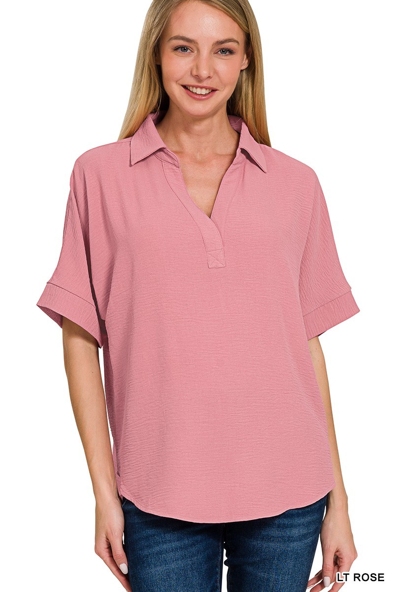 WOVEN AIRFLOW COLLARED V-NECK SHORT SLEEVE TOP | Stuffology Boutique-Short Sleeves-Zenana-Stuffology - Where Vintage Meets Modern, A Boutique for Real Women in Crosbyton, TX