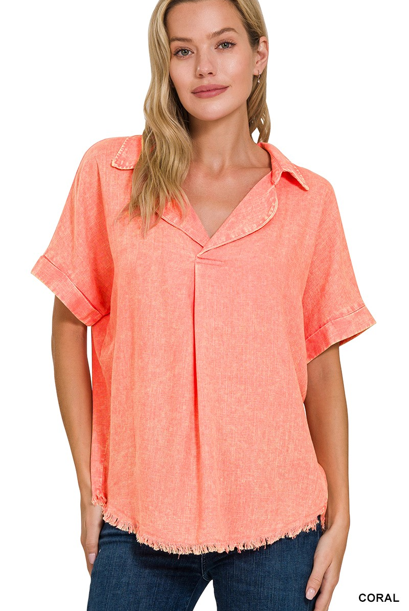 WASHED LINEN RAW EDGE V-NECK TOP / STUFFOLOGY BOUTIQUE-Top-Zenana-Stuffology - Where Vintage Meets Modern, A Boutique for Real Women in Crosbyton, TX