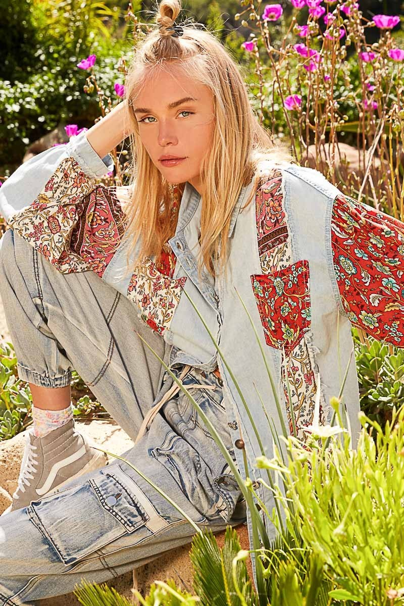 Oversize multi patterns button down long sleeve top /Stuffology Boutique-Shirt / Jacket-Pol Clothing-Stuffology - Where Vintage Meets Modern, A Boutique for Real Women in Crosbyton, TX