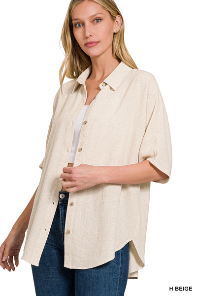 NATURAL LINEN DOLMAN HALF SLEEVE BUTTON DOWN TOP | Stuffology Boutique-Short Sleeves-Stuffology - Where Vintage Meets Modern-Stuffology - Where Vintage Meets Modern, A Boutique for Real Women in Crosbyton, TX