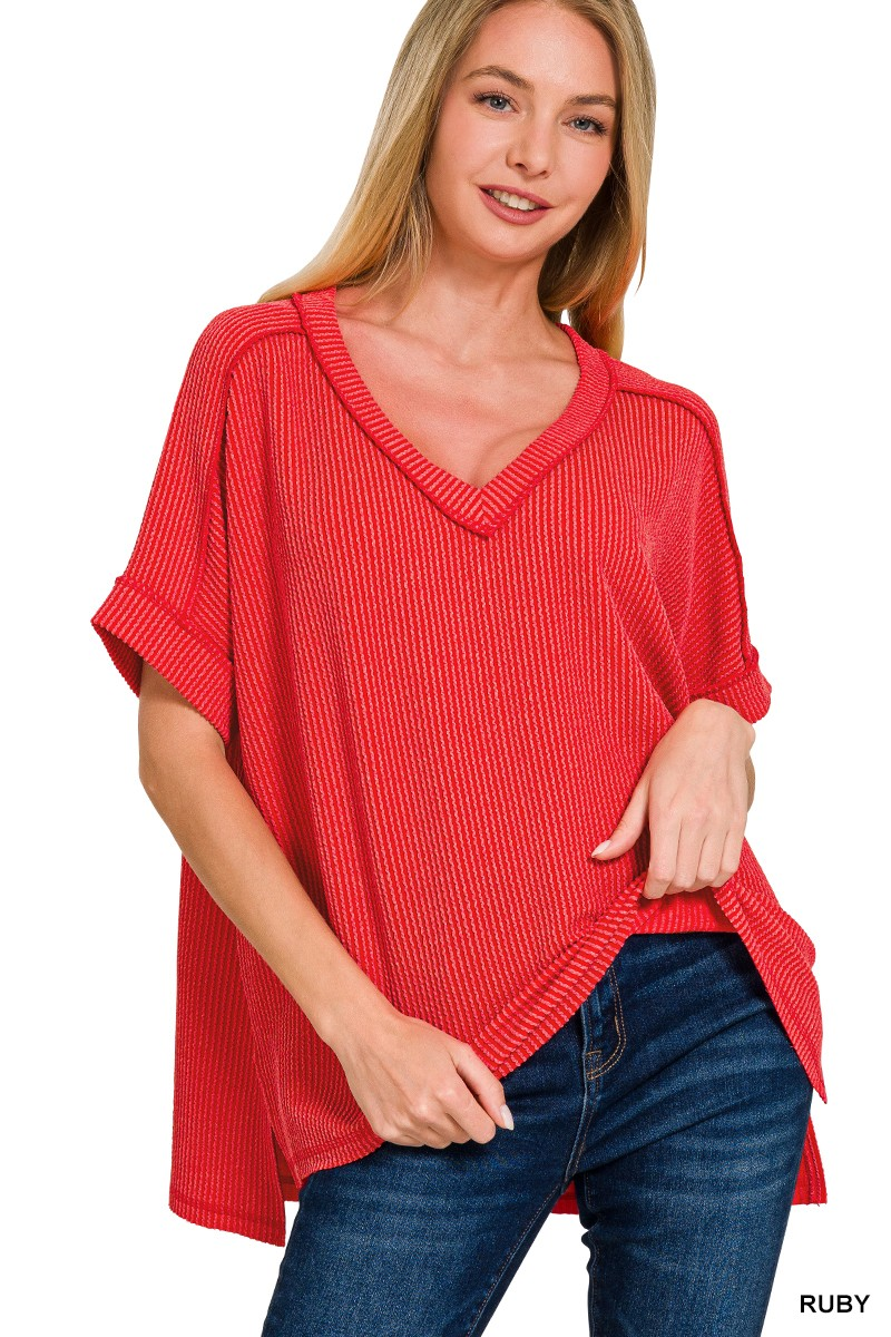 CORDED RIB SHORT SLEEVE HI-LOW V-NECK TOP /STUFFOLOGY BOUTIQUE-TOP-Stuffology Boutique-Stuffology - Where Vintage Meets Modern, A Boutique for Real Women in Crosbyton, TX