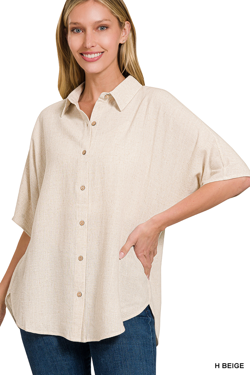 NATURAL LINEN DOLMAN HALF SLEEVE BUTTON DOWN TOP | Stuffology Boutique-Short Sleeves-Stuffology - Where Vintage Meets Modern-Stuffology - Where Vintage Meets Modern, A Boutique for Real Women in Crosbyton, TX