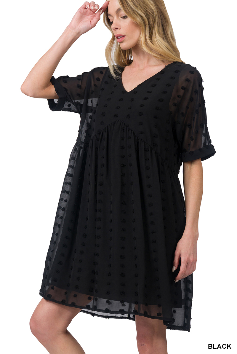 SWISS DOT BABYDOLL V-NECK DRESS | Stuffology Boutique-Dresses-Zenana-Stuffology - Where Vintage Meets Modern, A Boutique for Real Women in Crosbyton, TX
